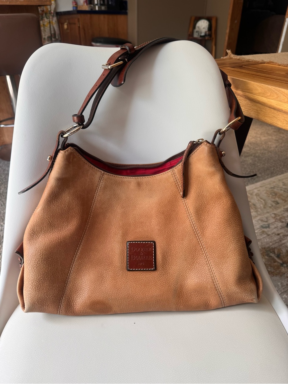 Dooney & Bourke Tan Leather Shoulder Bag with Brown Trim and Red Interior